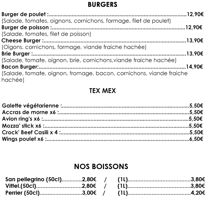 burger, galette végétarienne, accra de morne, avion rings, mozza stick, crock beef casili, wings, san pallegrino, vittel, perrier