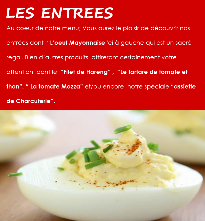 ouef mayonnaise, filet de hareng, tartare de tomate et filet, tomate mozza, assiette de charcuterie