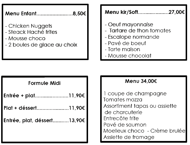 chicken nuggets, steack haché frittes, mousse choco, pavé de boeuf, escapade normande, champagne, entrecôte frite, pavé de saumon, assiette de fromage